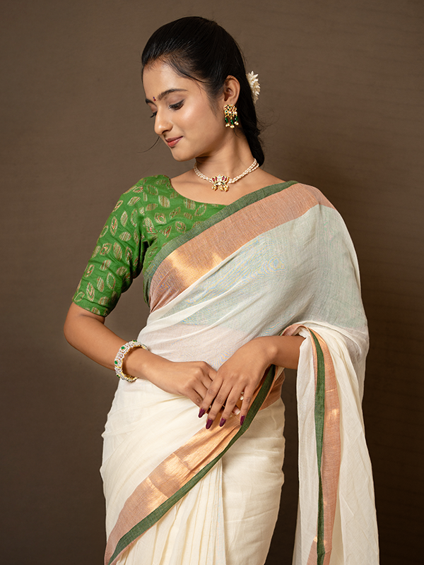 Festive Zari Border Ivory Double Border 120 Count Mulcotton - Image 3