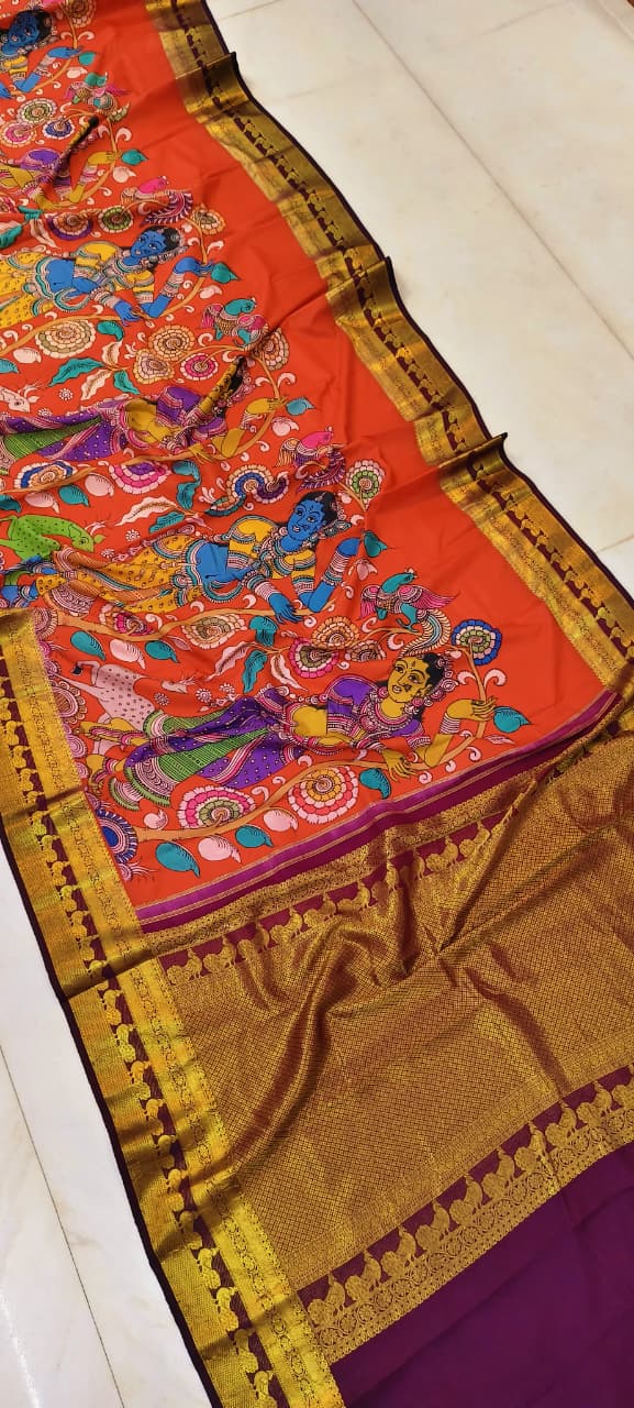 Pure Pen Kalamkari Pattu Saree - (Hand-drawn Kalamkari motifs on luxurious silk, narrating stories of heritage, art, and elegance in every drape)