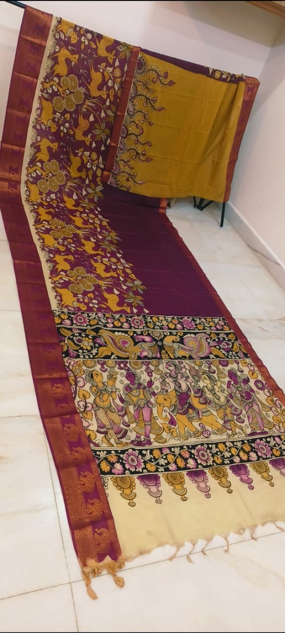 Mangalagiri Pure Pattu saree - (The saree showcasing detailed mythological story, floral accents, and a rich traditional border.)