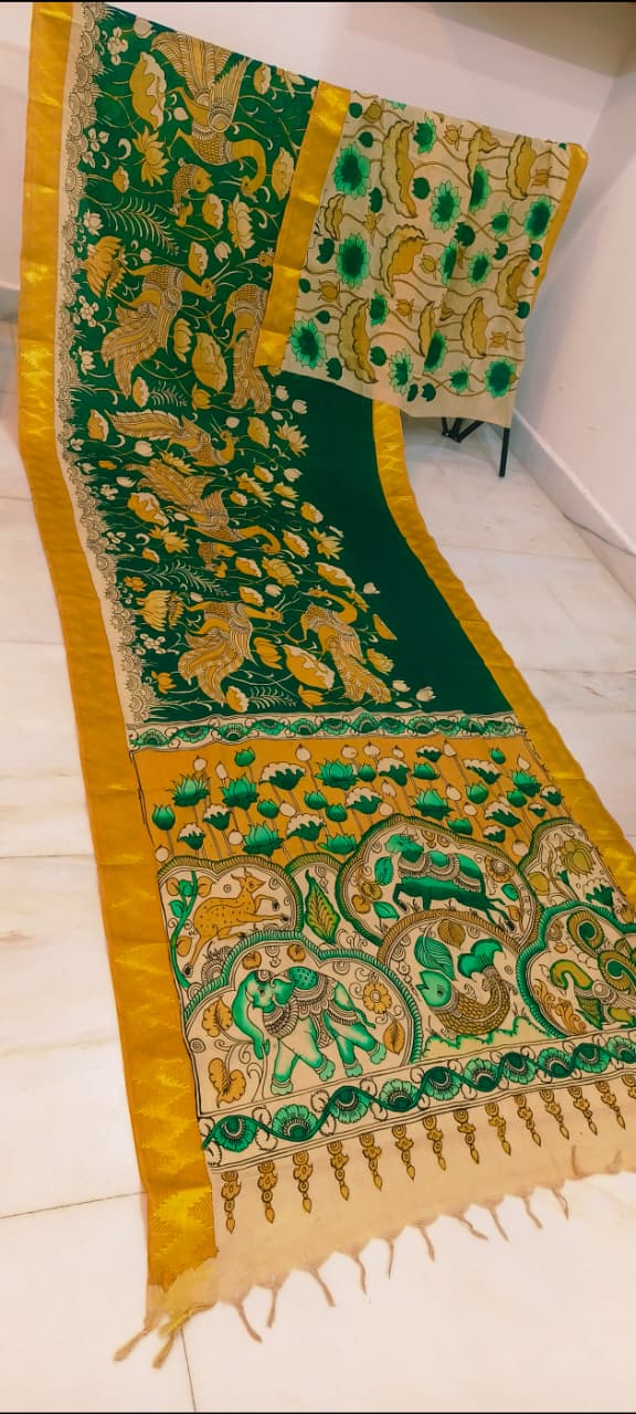 Mangalagiri Silk Multi Coloured - (A vibrant traditional textile featuring graceful peacocks, blooming florals, and an ornate pallu.)