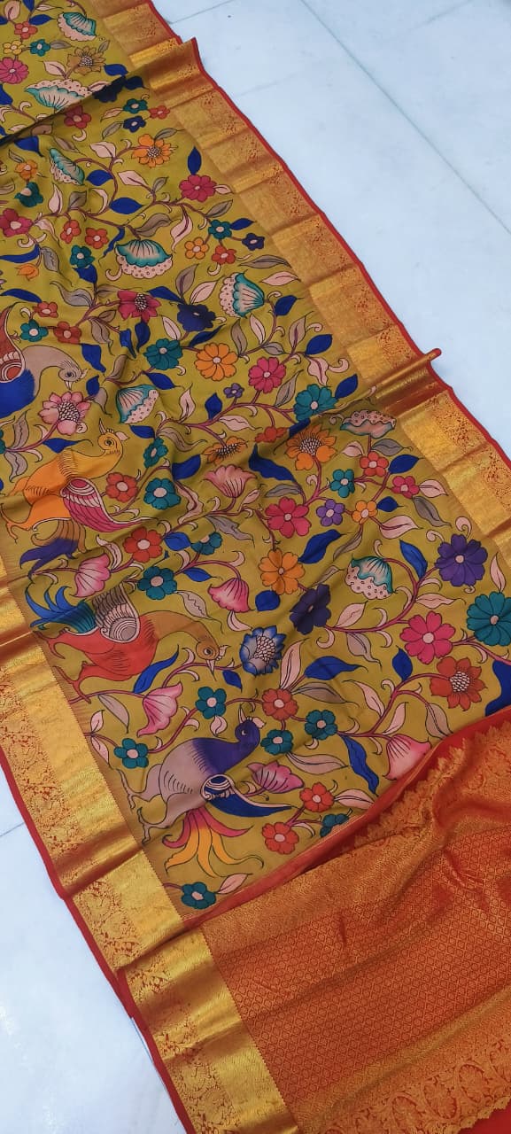 Pure Pen Kalamkari Pattu Saree - (Hand-drawn Kalamkari motifs on luxurious silk, art, and elegance in every drape)