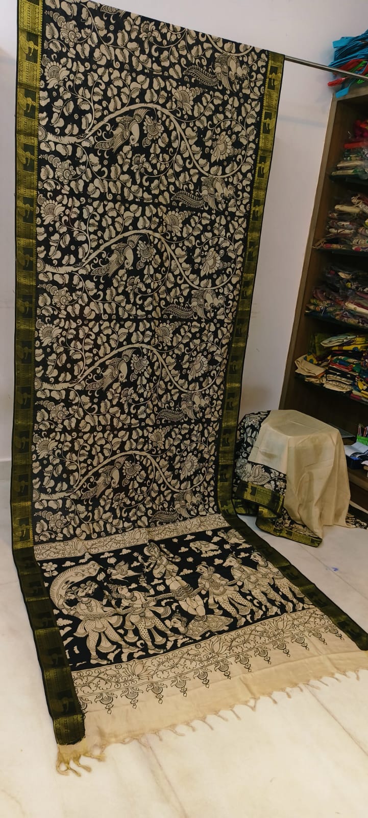Mangalagiri Silk Black & White - (A striking black-and-ivory traditional textile adorned with dense floral vines.)