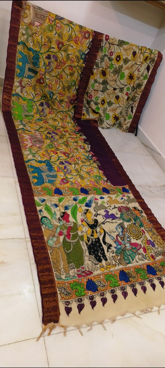 Mangalagiri Silk Multi Coloured - (A vibrant multicolored traditional textile with intricate floral vines and a storytelling pallu.)