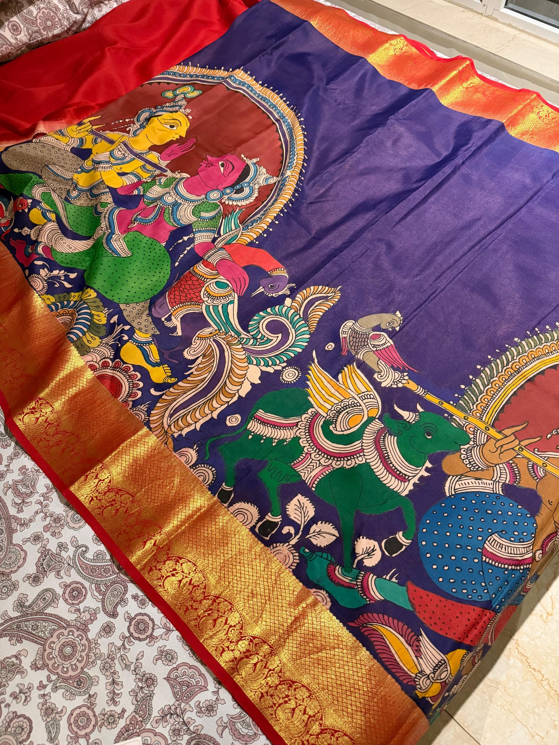 Pure Pen Kalamkari Pattu Saree - (Hand-drawn Kalamkari motifs on luxurious silk, art, and elegance in every drape) - Image 3