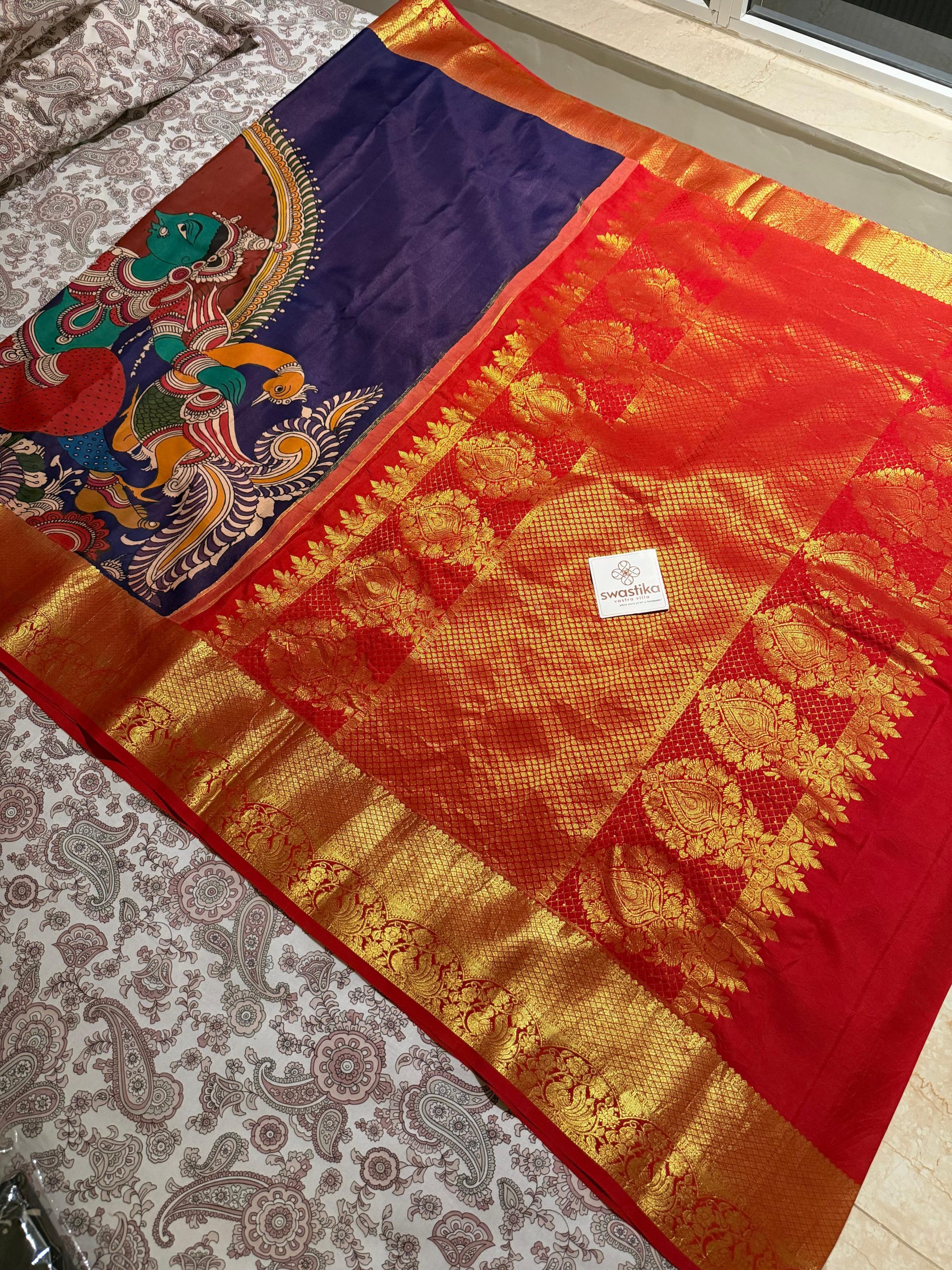Pure Pen Kalamkari Pattu Saree - (Hand-drawn Kalamkari motifs on luxurious silk, art, and elegance in every drape)