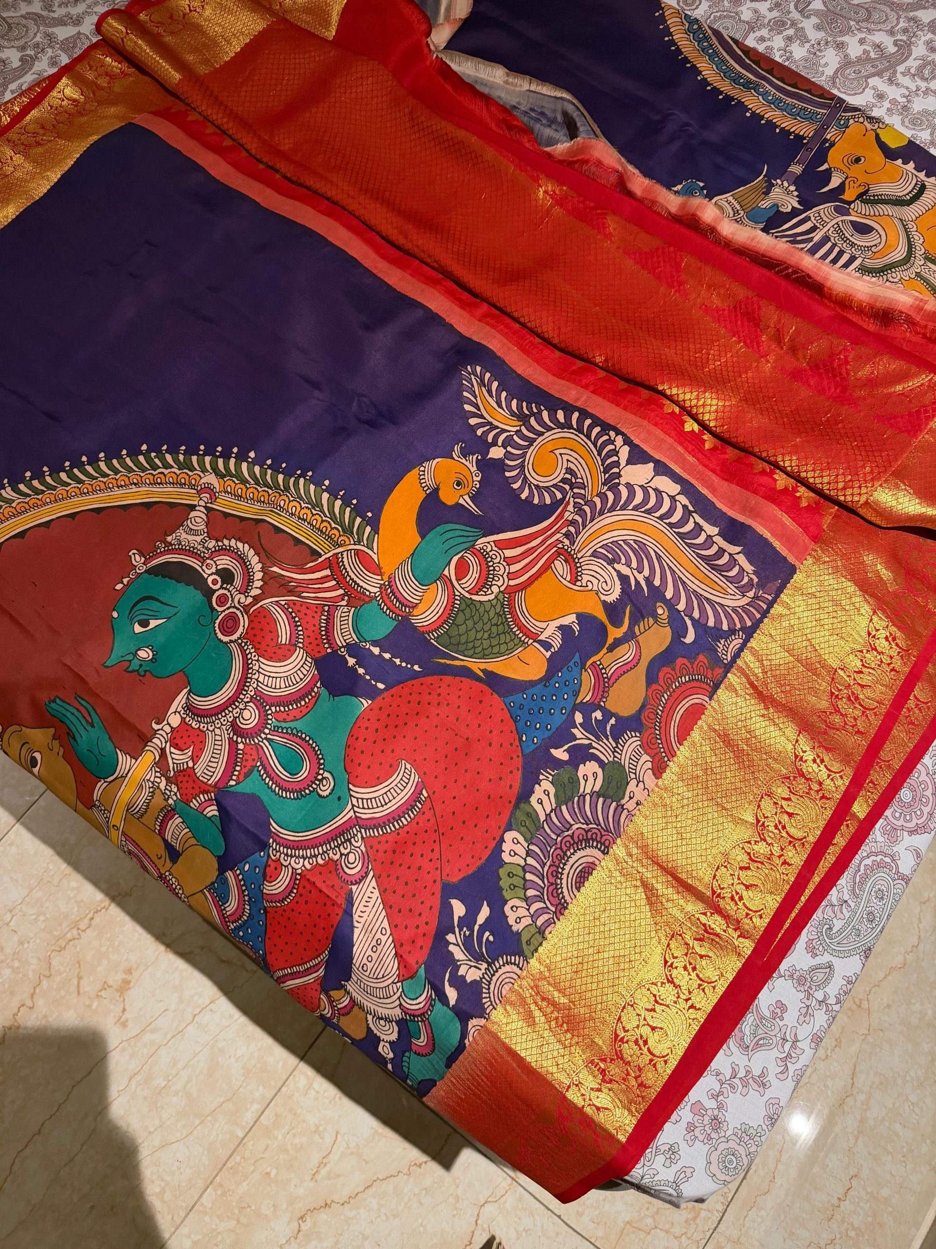 Pure Pen Kalamkari Pattu Saree - (Hand-drawn Kalamkari motifs on luxurious silk, art, and elegance in every drape) - Image 5