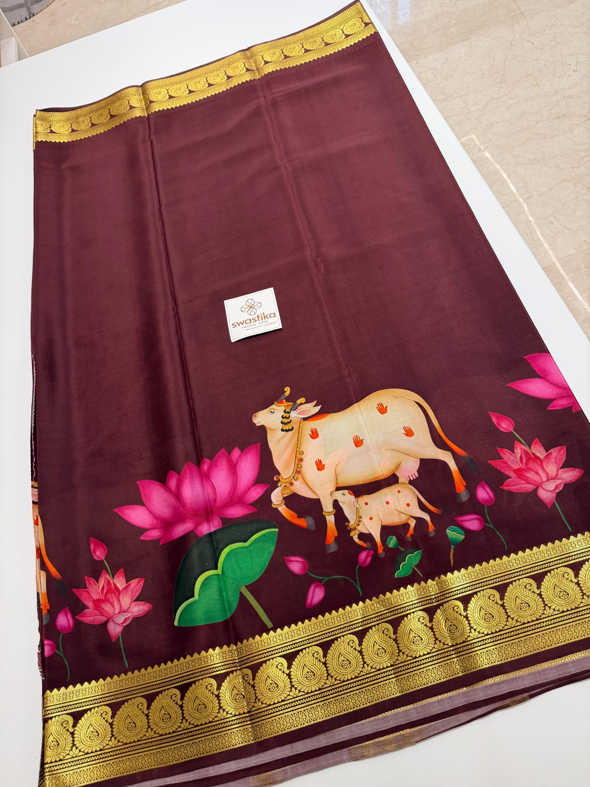 Pure Mysore Silk Saree - (A majestic silk saree an artistic Pichwai motif and blooming lotuses, finished with ornate gold zari borders for a divine traditional appeal.) - Image 2