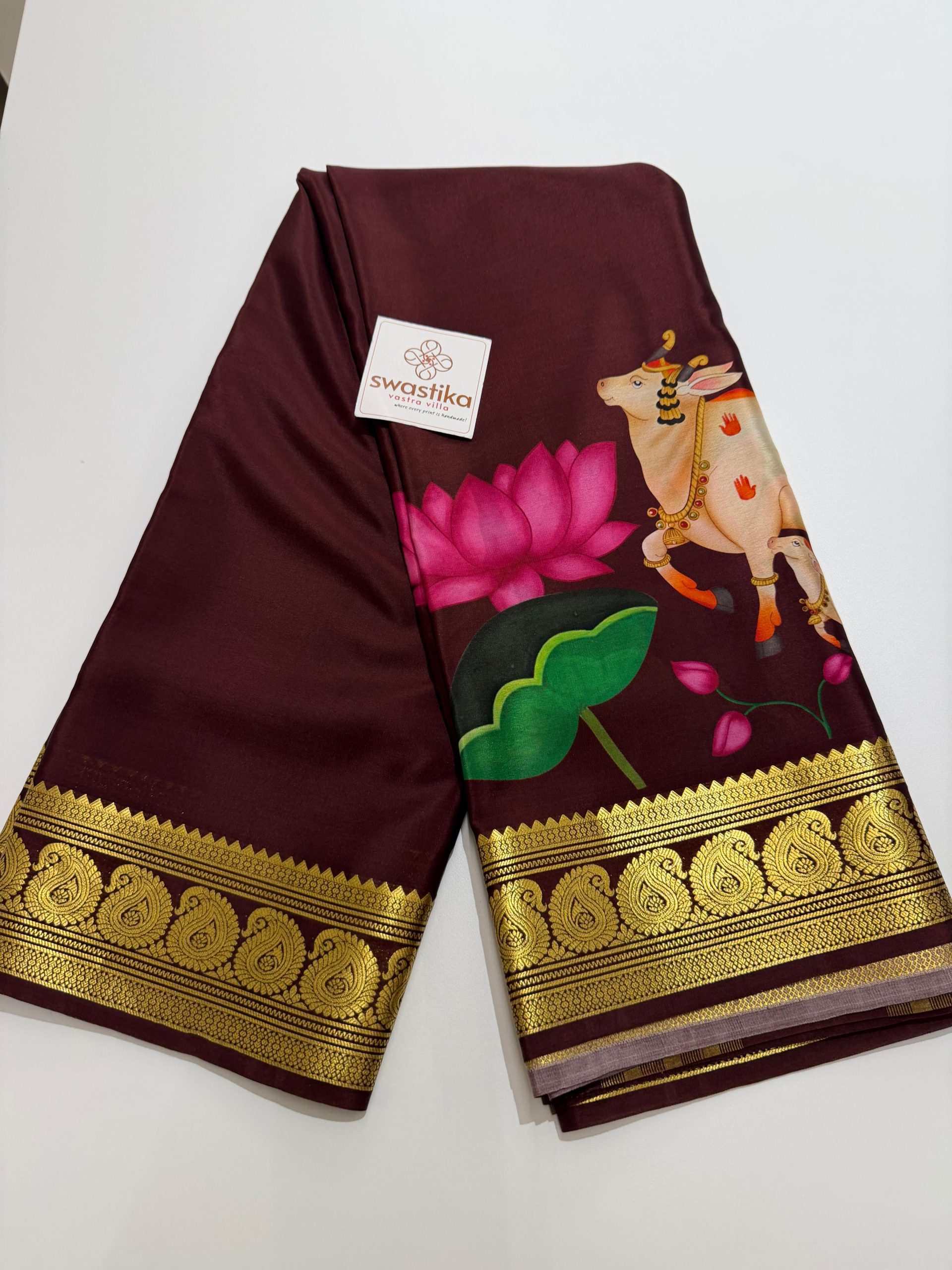 Pure Mysore Silk Saree - (A majestic silk saree an artistic Pichwai motif and blooming lotuses, finished with ornate gold zari borders for a divine traditional appeal.) - Image 3