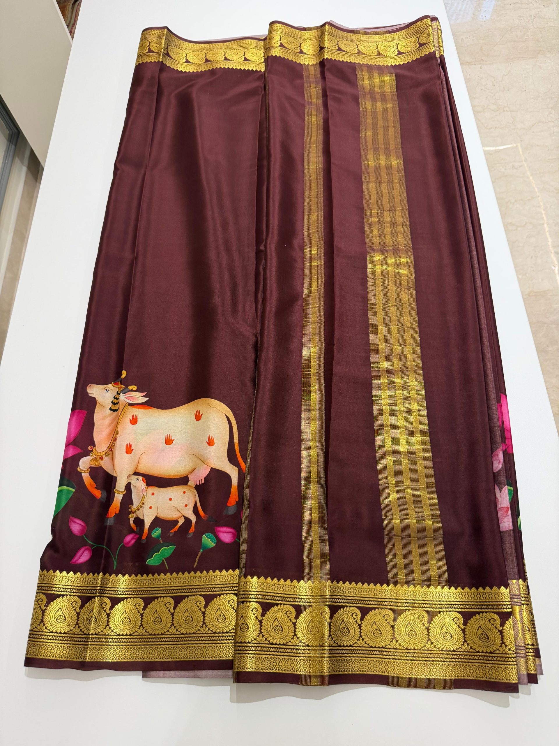Pure Mysore Silk Saree - (A majestic silk saree an artistic Pichwai motif and blooming lotuses, finished with ornate gold zari borders for a divine traditional appeal.) - Image 4