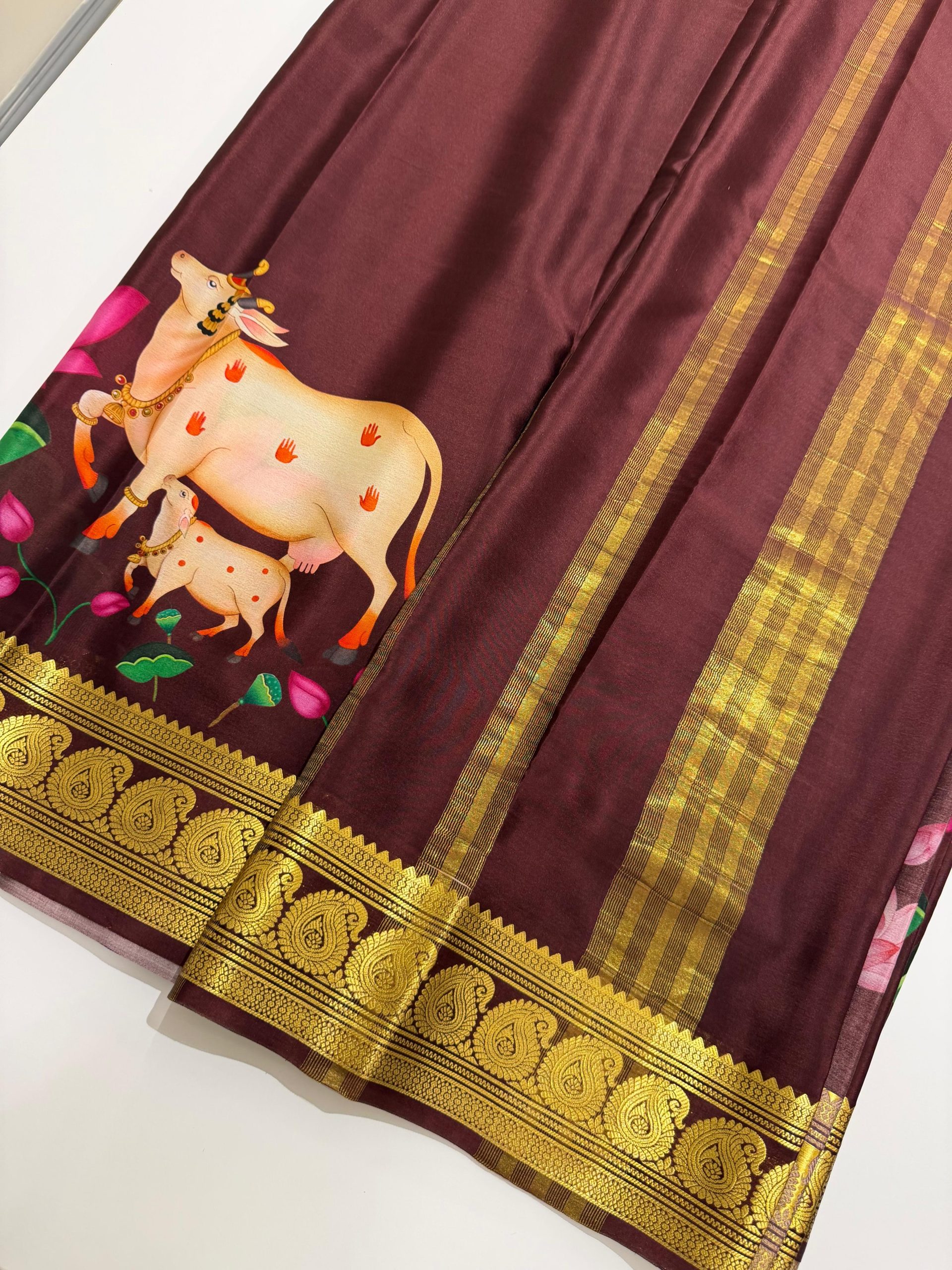 Pure Mysore Silk Saree - (A majestic silk saree an artistic Pichwai motif and blooming lotuses, finished with ornate gold zari borders for a divine traditional appeal.) - Image 5