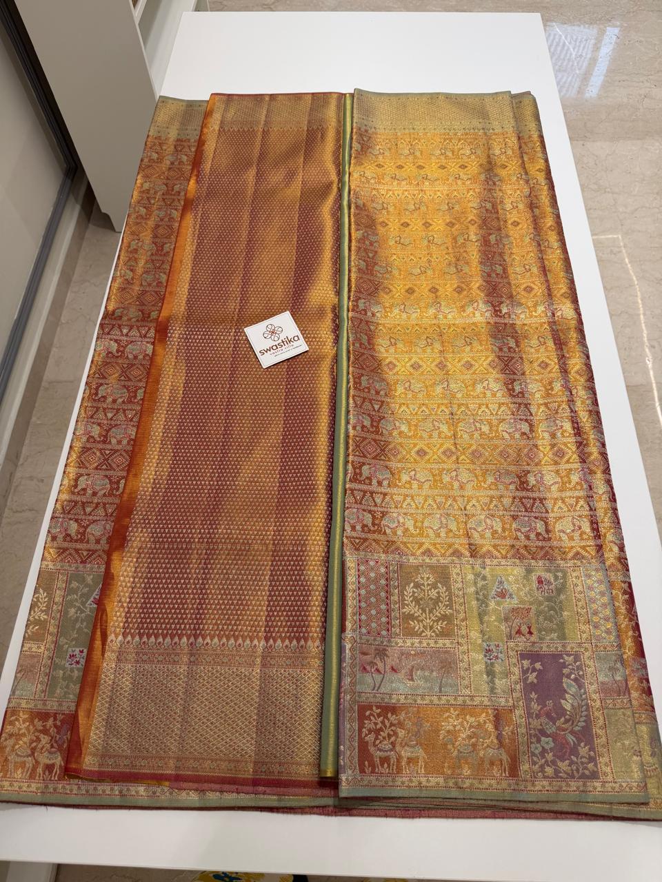Double Zari Weaving Pure Kanchi MeenaKari - (Traditional gold silk saree with intricate multicolor motifs and borders)
