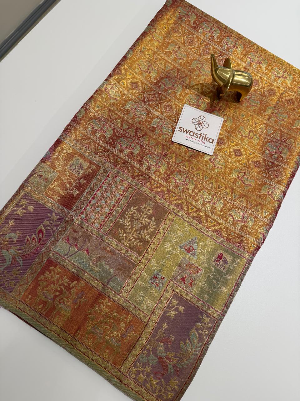 Double Zari Weaving Pure Kanchi MeenaKari - (Traditional gold silk saree with intricate multicolor motifs and borders) - Image 5