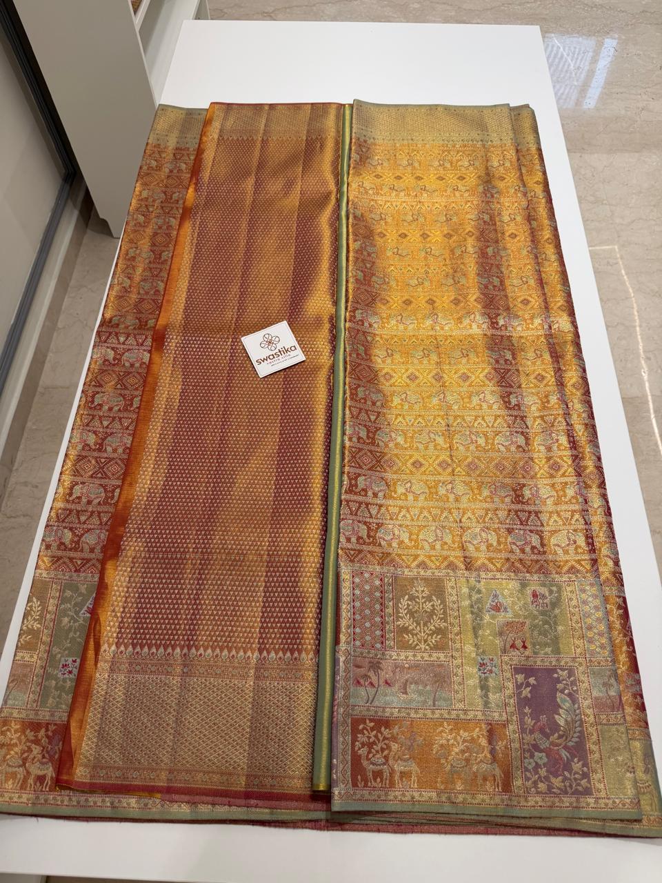 Double Zari Weaving Pure Kanchi MeenaKari - (Traditional gold silk saree with intricate multicolor motifs and borders) - Image 4