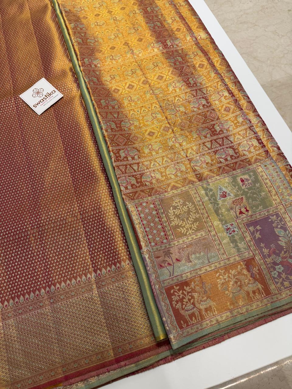 Double Zari Weaving Pure Kanchi MeenaKari - (Traditional gold silk saree with intricate multicolor motifs and borders) - Image 2